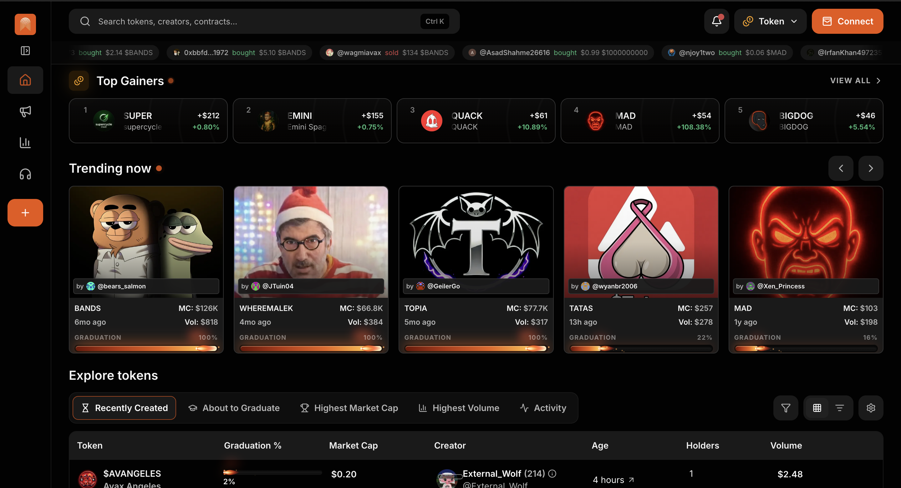 ArenaTrade redesign — token launchpad home with live gainers and trending feed
