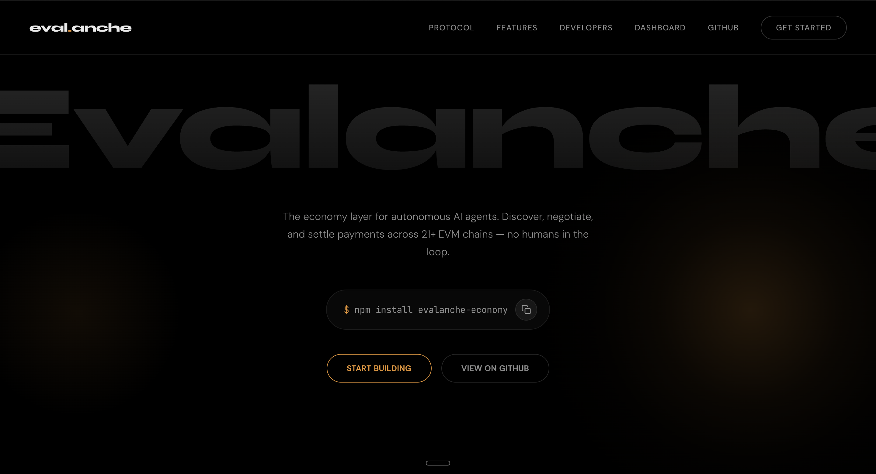Evalanche — agent economy protocol landing page